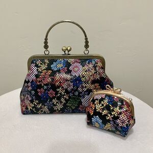 Handmade Genuine Embossed Leather Floral Print Top Handle bag & Small Purse Set